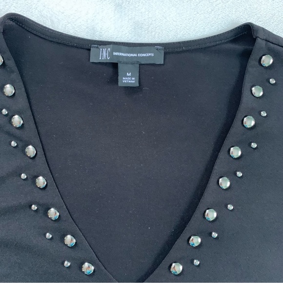 INC asymmetrical studded V neck long sleeve top - Picture 3 of 10
